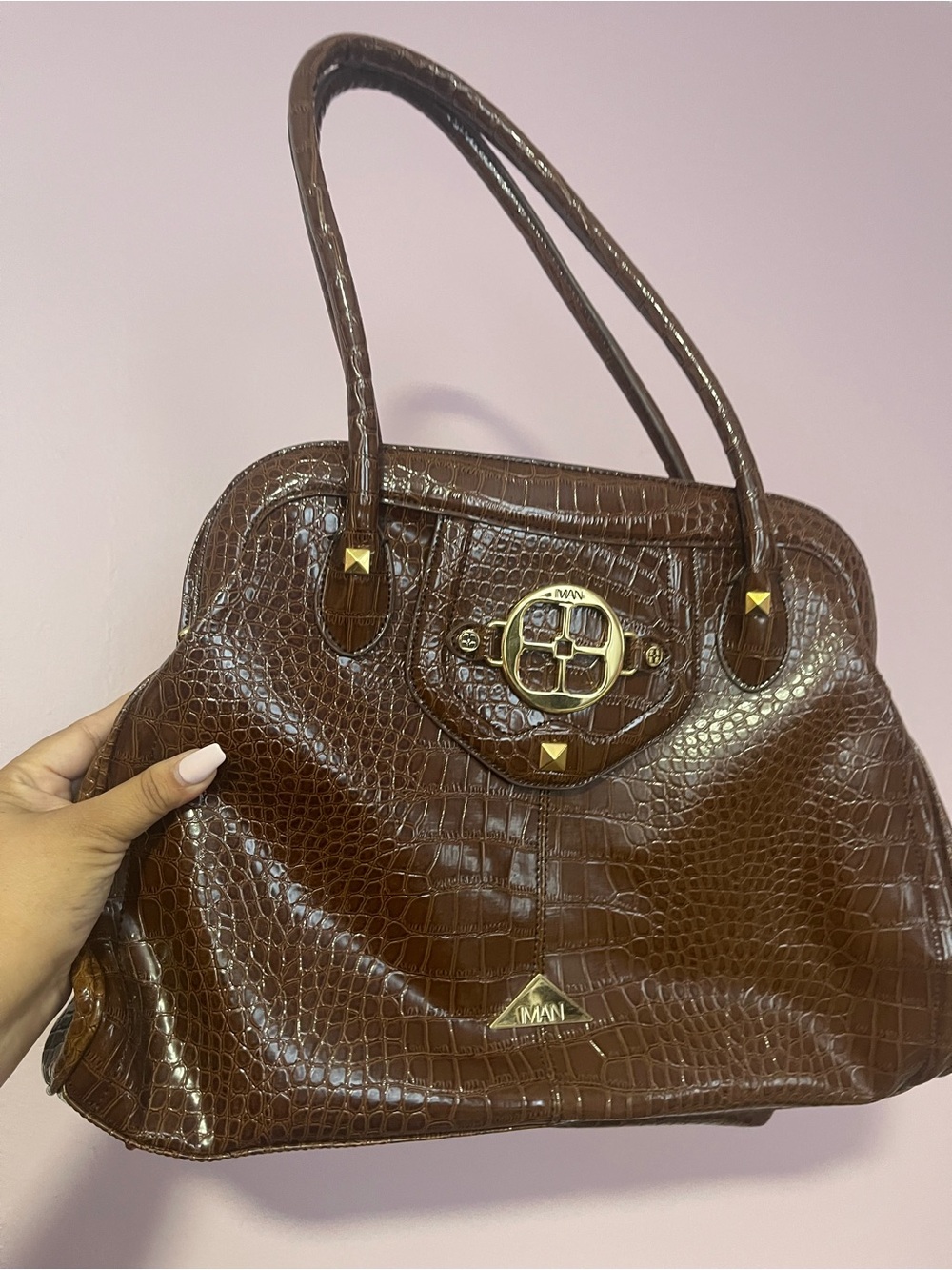 IMAN Brown Croc-Embossed Shoulder Bag with Gold Hardware